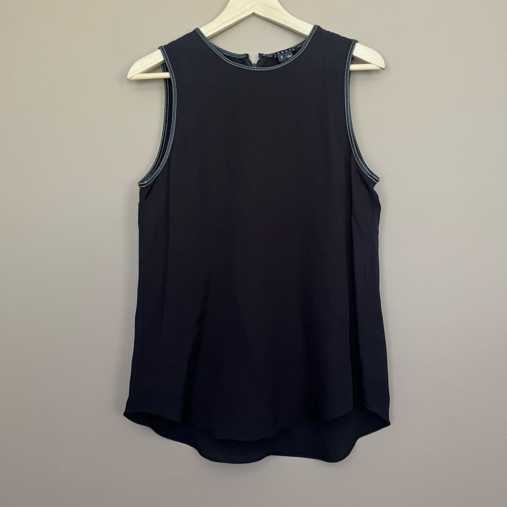 {Theory} Silk Tank Top Shell with Lambskin Leather Trim in Black - Womens Small